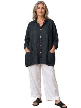 Vintage 90s Flax By Angelheart Black Linen Jacket Shirt Womens Large Lagenlook B